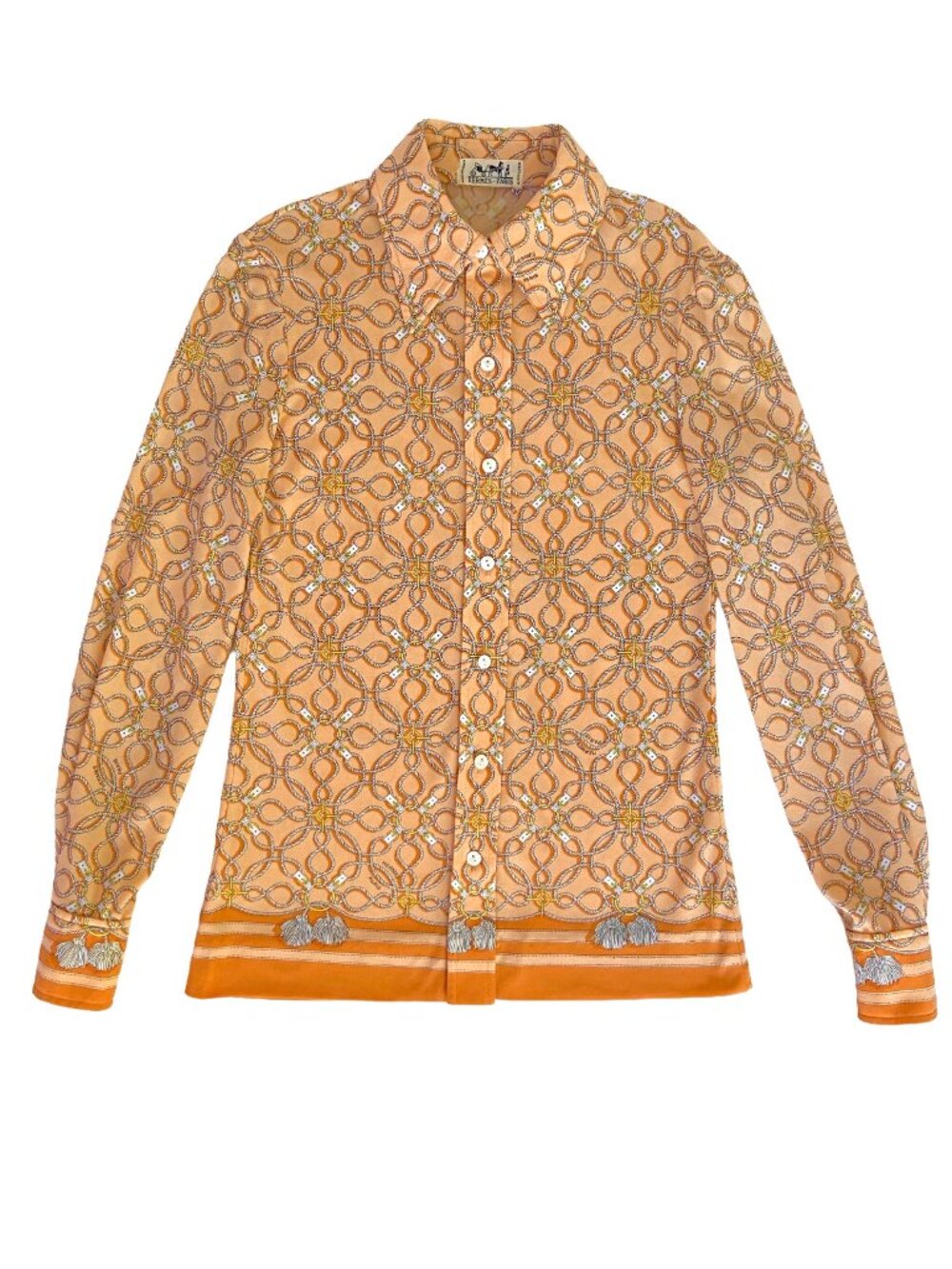 VINTAGE 1970s HERMÈS PARIS PEACH ORANGE ROPE PRINTED BLOUSE 38 FR